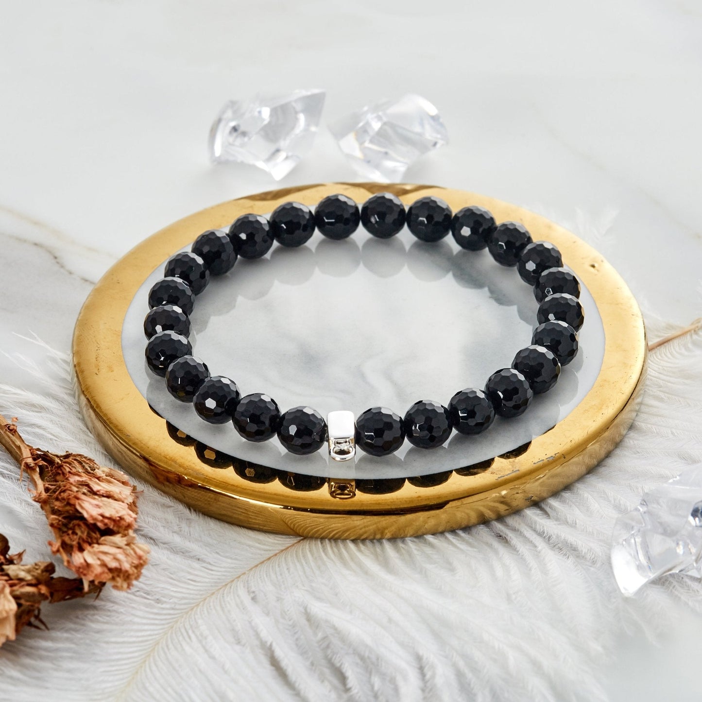Faceted Black Onyx Gemstone Stretch Bracelet with Charm Created with Zircondia® Crystals