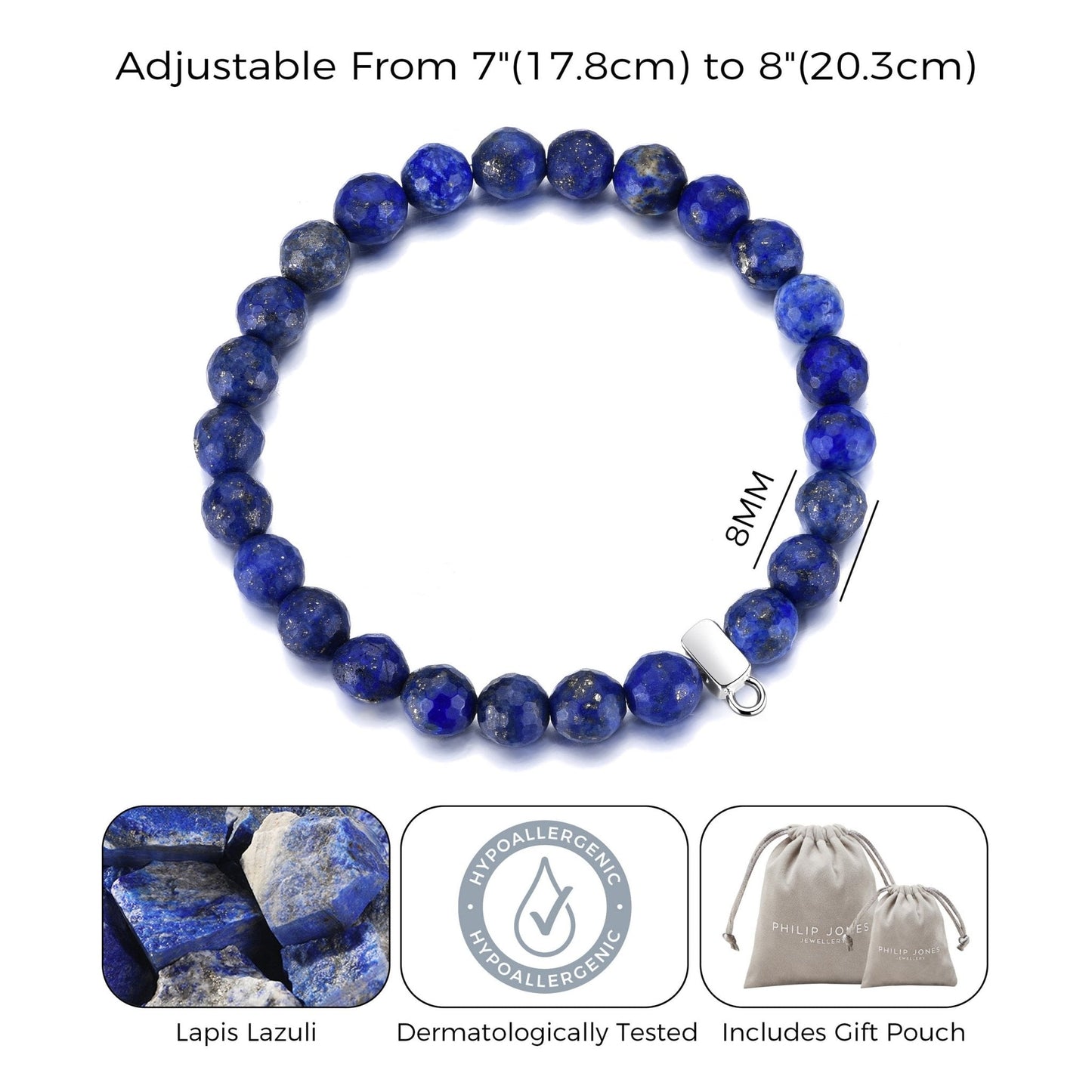 Bracelet extensible avec breloque en lapis-lazuli à facettes