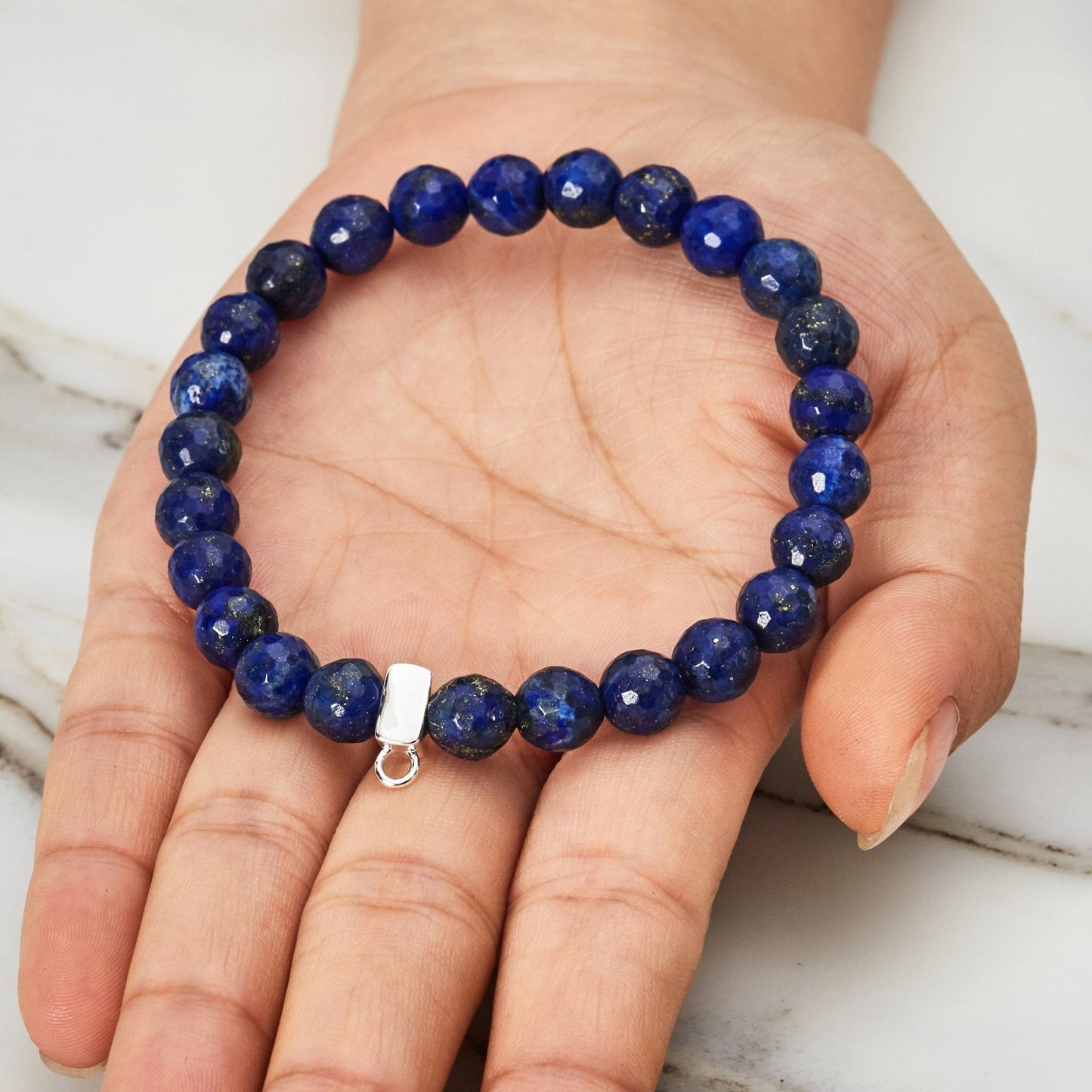 Faceted Lapis Lazuli Gemstone Charm Stretch Bracelet