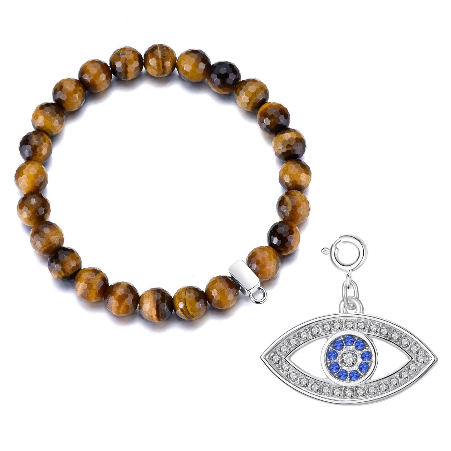 Faceted Tiger's Eye Gemstone Stretch Bracelet with Charm Created with Zircondia® Crystals