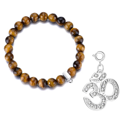 Faceted Tiger's Eye Gemstone Stretch Bracelet with Charm Created with Zircondia® Crystals