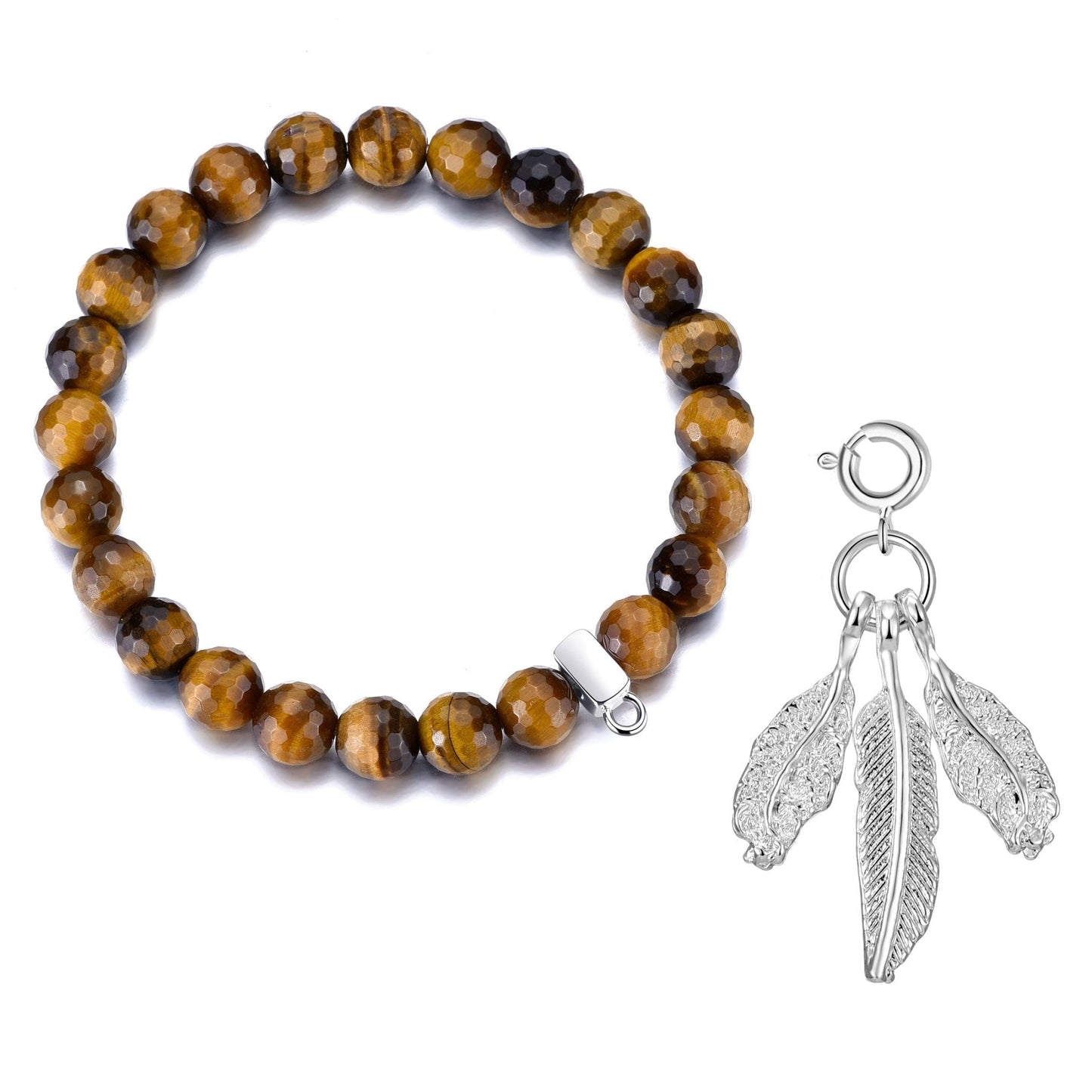 Faceted Tiger's Eye Gemstone Stretch Bracelet with Charm Created with Zircondia® Crystals