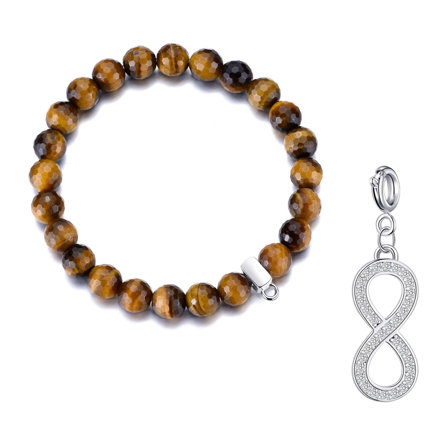 Faceted Tiger's Eye Gemstone Stretch Bracelet with Charm Created with Zircondia® Crystals