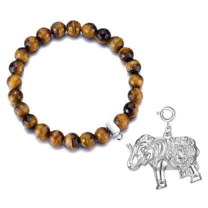 Faceted Tiger's Eye Gemstone Stretch Bracelet with Charm Created with Zircondia® Crystals