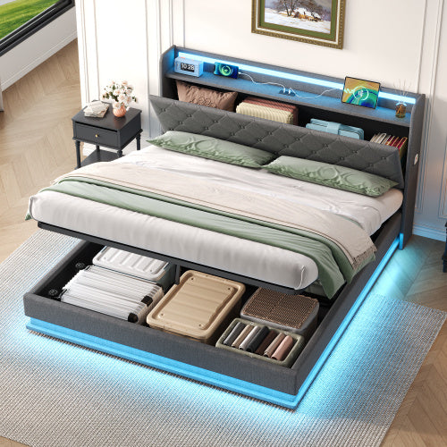 Cadre de lit capitonné King size 150cm avec rangement hydraulique, tête de lit capitonnée LED avec station de recharge et rangement de tête de lit dissimulé, ports USB et Type-C, lin, gris