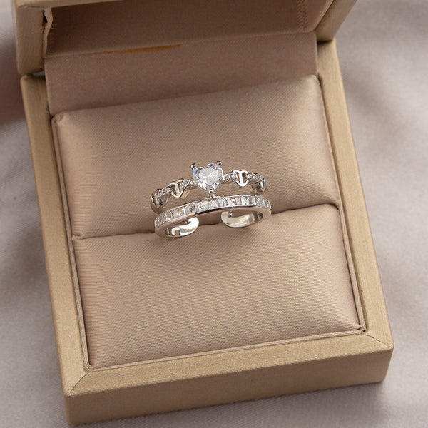 Rhinestone Loving Heart Zircon Ring Female Dual Layer Open-end - Stuffs & Savers