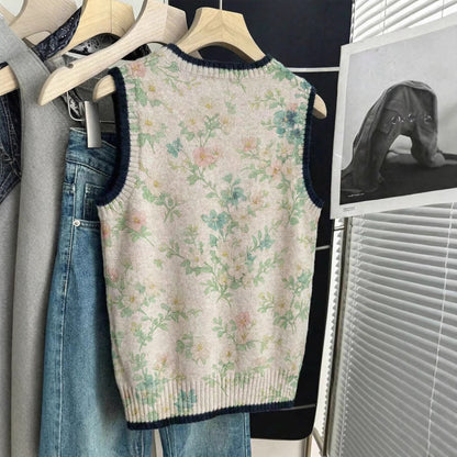 Small Floral Knitted Vest Womens Loose-Fitting Outerwear Sleeveless Sweater
