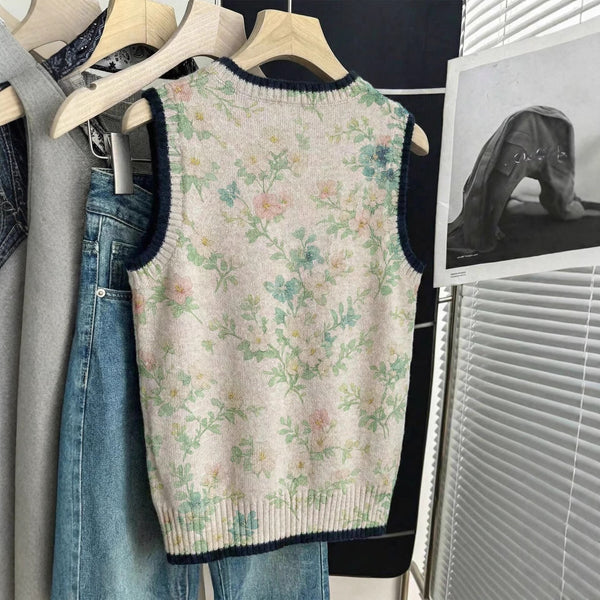 Small Floral Knitted Vest Womens Loose-Fitting Outerwear Sleeveless Sweater