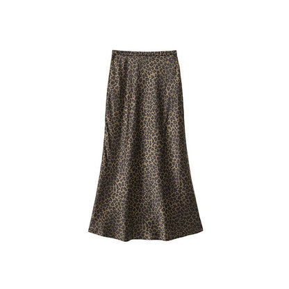 Copper-gold Leopard-print Plain Satin Faux-silk Midi Skirt