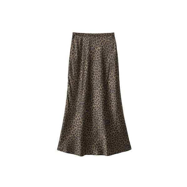 Copper-gold Leopard-print Plain Satin Faux-silk Midi Skirt