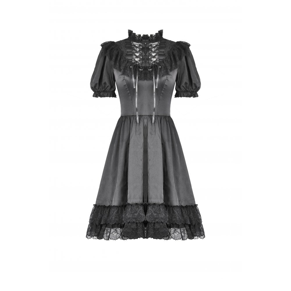 Robe Gothique Noire Dark in Love Belladonna à Manches Bouffantes et Col Montant Lacé