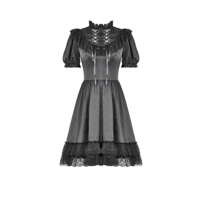 Robe Gothique Noire Dark in Love Belladonna à Manches Bouffantes et Col Montant Lacé