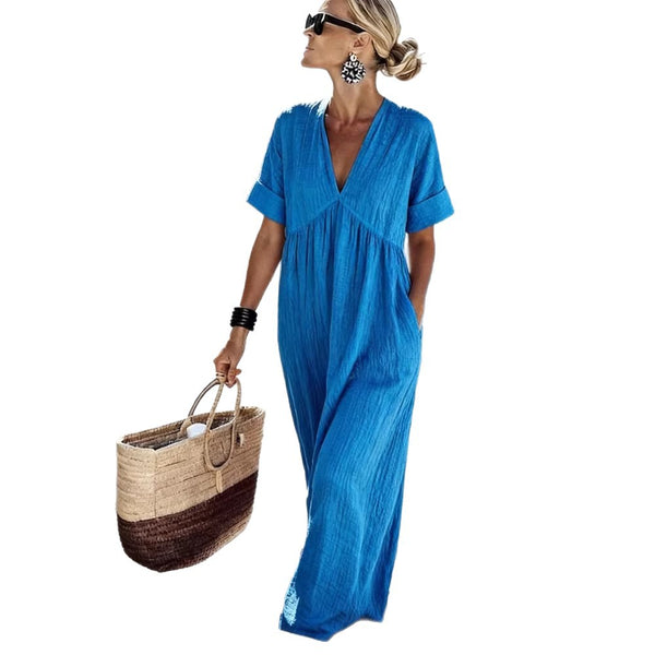 Casual V-Neck Short-Sleeve Maxi Dress