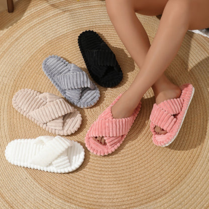 Fur Cross Belt Cotton Slippers