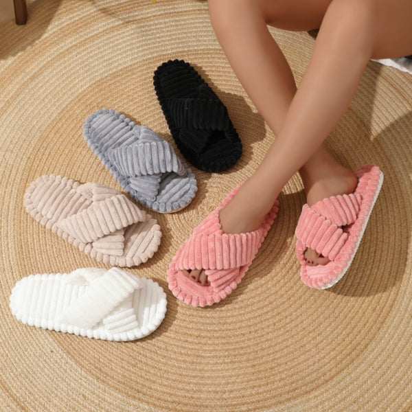 Fur Cross Belt Cotton Slippers - Stuffs & Savers
