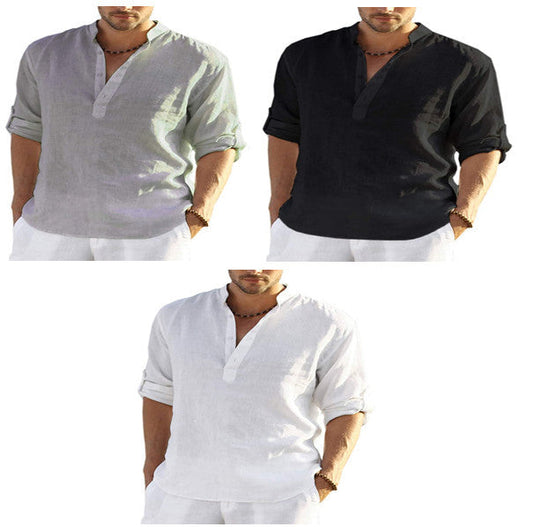 Chemise décontractée en coton et lin pour homme, de couleur unie, à manches longues et col montant, coupe ample