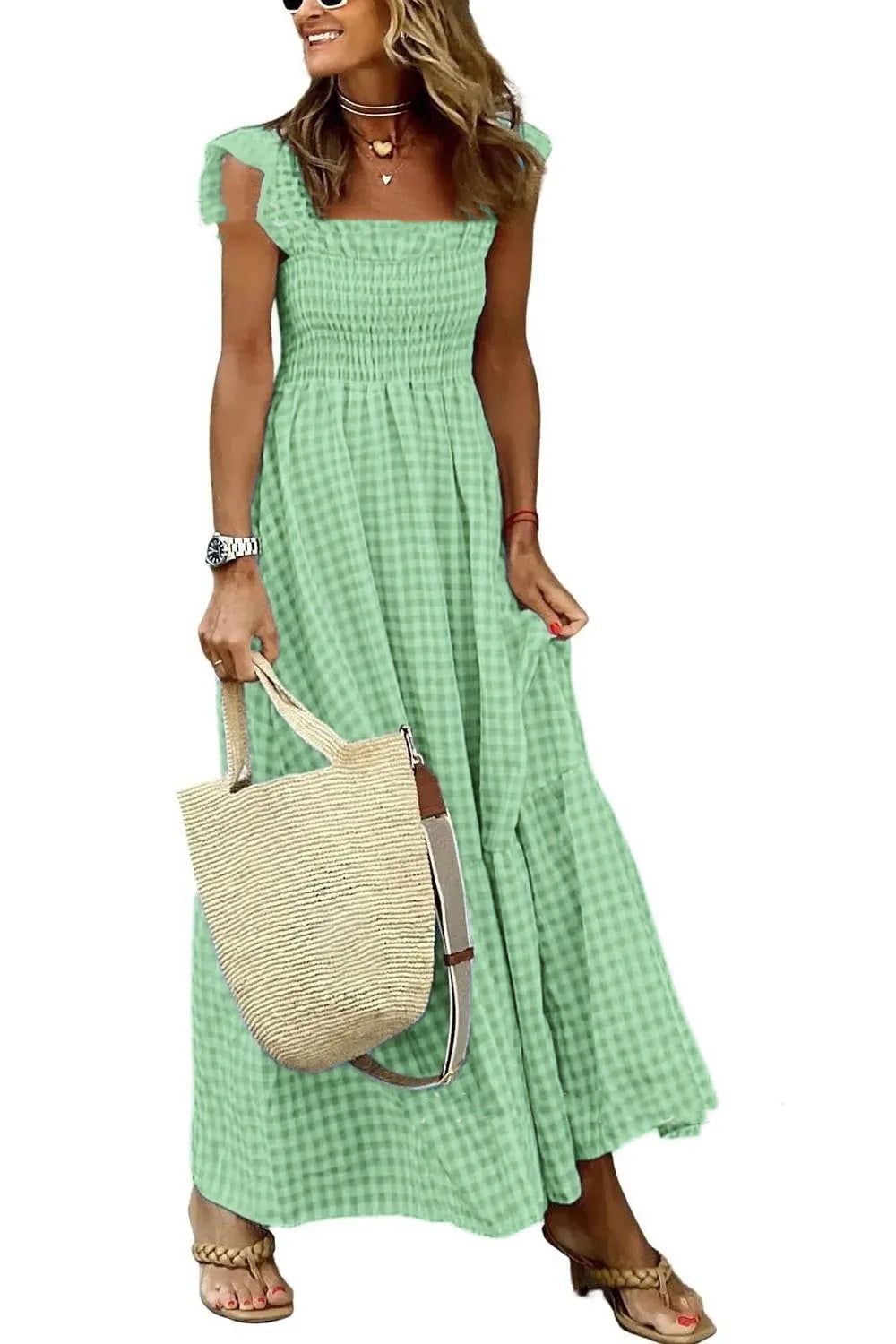 Womens Plaid Print Pleated Ruffle Dress