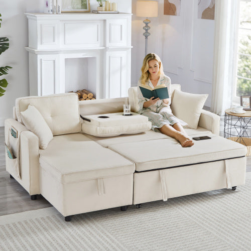 L-Shaped Pull Out Sleep Sofabed, Modern Reversible Sleeper Sectional Sofa, 3 In 1 Convertible Sofa Bed With Storage Chaise, Drop-Down Table, Cup Holders And Charging Ports