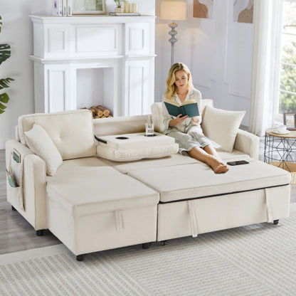 L-Shaped Pull Out Sleep Sofabed, Modern Reversible Sleeper Sectional Sofa, 3 In 1 Convertible Sofa Bed With Storage Chaise, Drop-Down Table, Cup Holders And Charging Ports