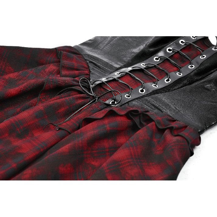 Robe Corset Punk en Tartan Rouge Dark in Love avec Jupe Asymétrique