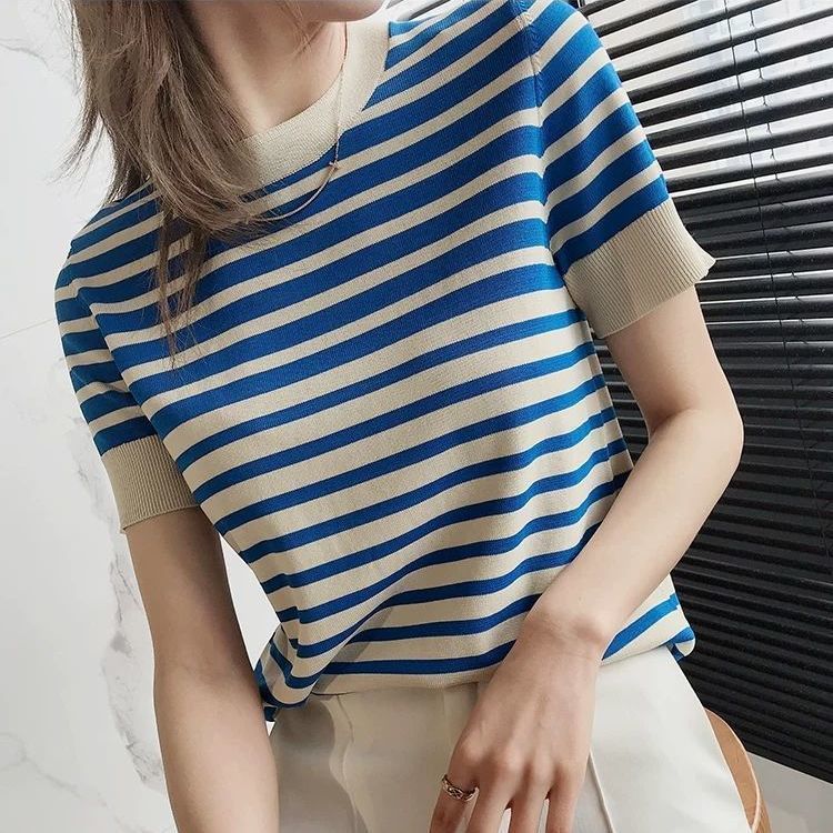 Ice Silk Sweater New Loose Round Neck Striped T-shirt Top Women