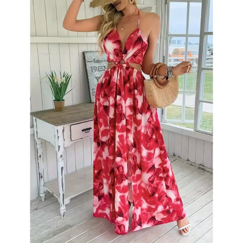 Floral Print Backless Side-Slit Dress