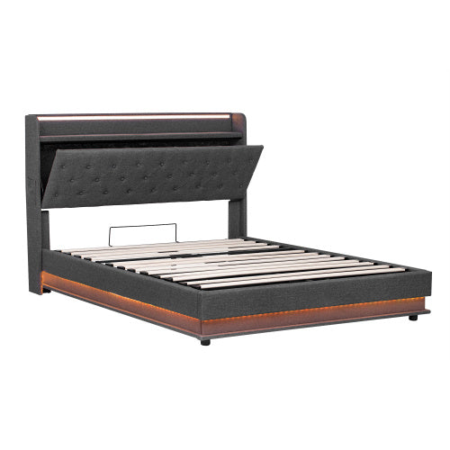Cadre de lit capitonné King size 150cm avec rangement hydraulique, tête de lit capitonnée LED avec station de recharge et rangement de tête de lit dissimulé, ports USB et Type-C, lin, gris