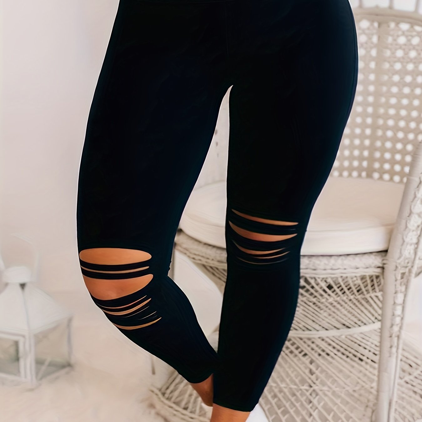 Legging Taille Haute Noir Femme Grande Taille avec Détails Évidés Chic - Mélange Polyester/Élasthanne Extensible & Confortable, Legging Facile d'Entretien