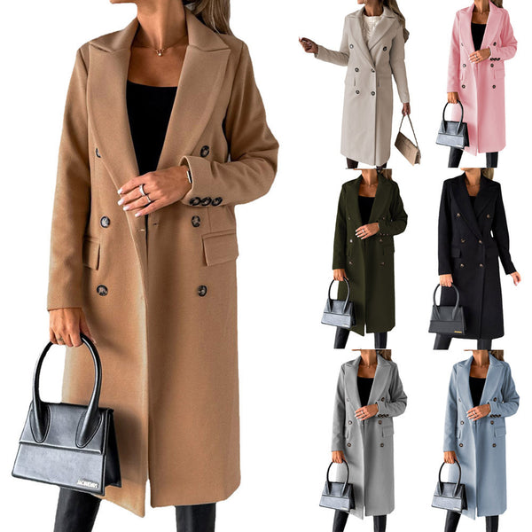 Double Breasted Lapel Coat Winter Fashion Solid Slim Long Jacket Long Sleeve Tops Womens Clothing