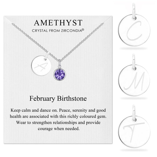 February (Amethyst) Birthstone Necklace with Initial Charm (A to Z) Created with Zircondia® Crystals