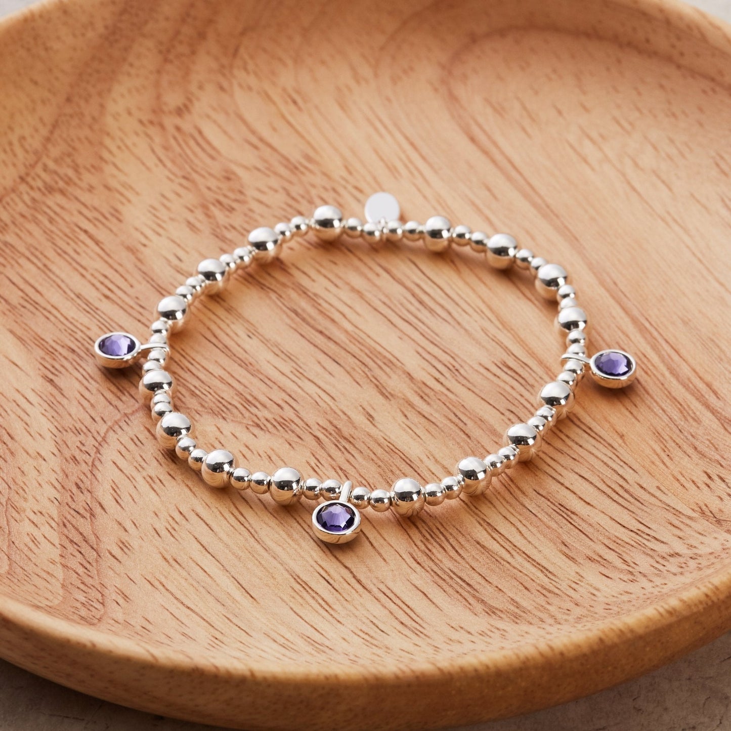 February (Amethyst) Birthstone Stretch Charm Bracelet with Quote Gift Box