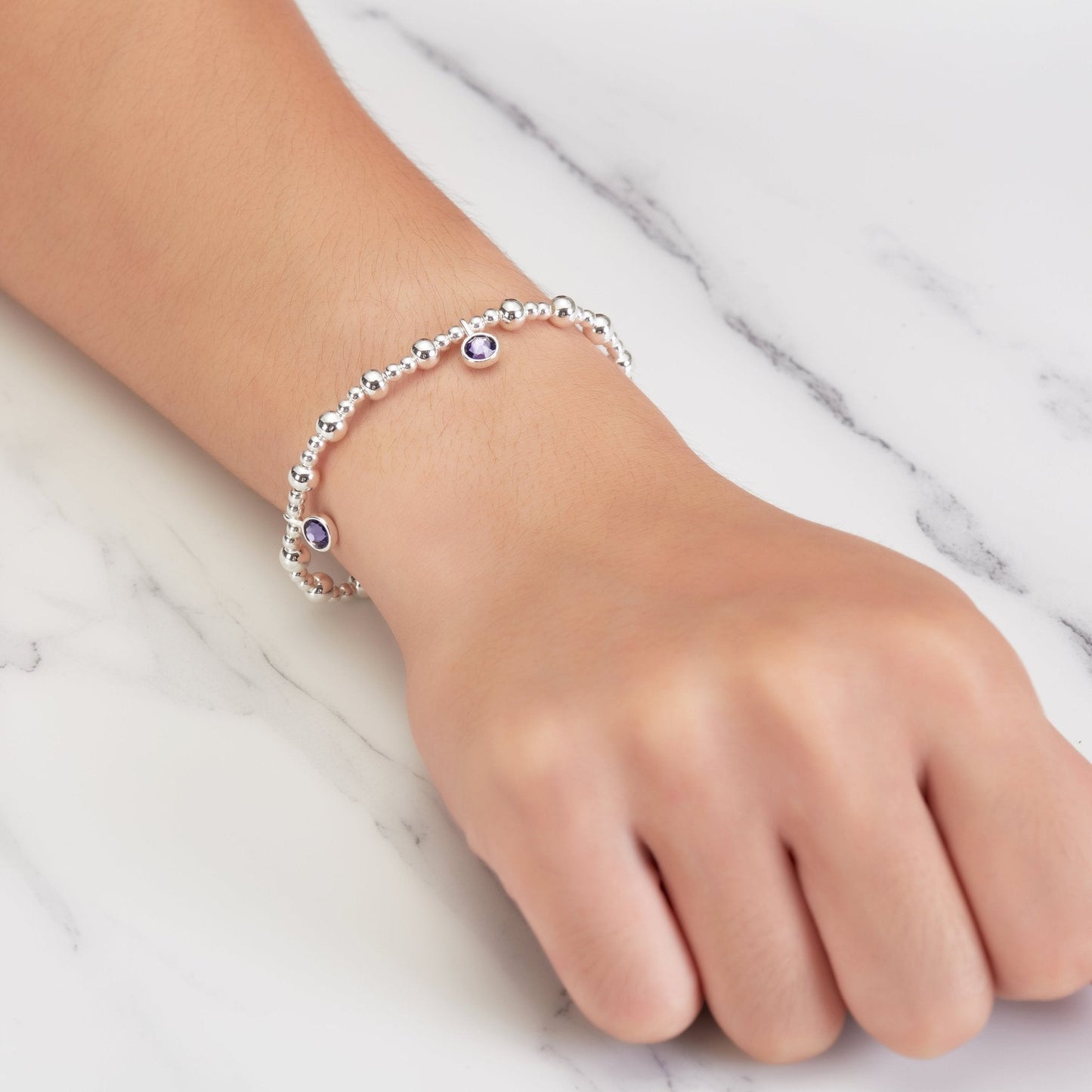 February (Amethyst) Birthstone Stretch Charm Bracelet with Quote Gift Box