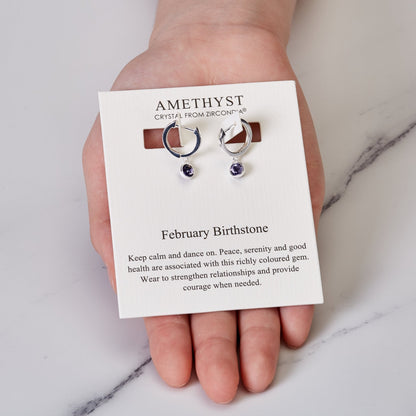 February Birthstone Hoop Earrings Created with Amethyst Zircondia® Crystals