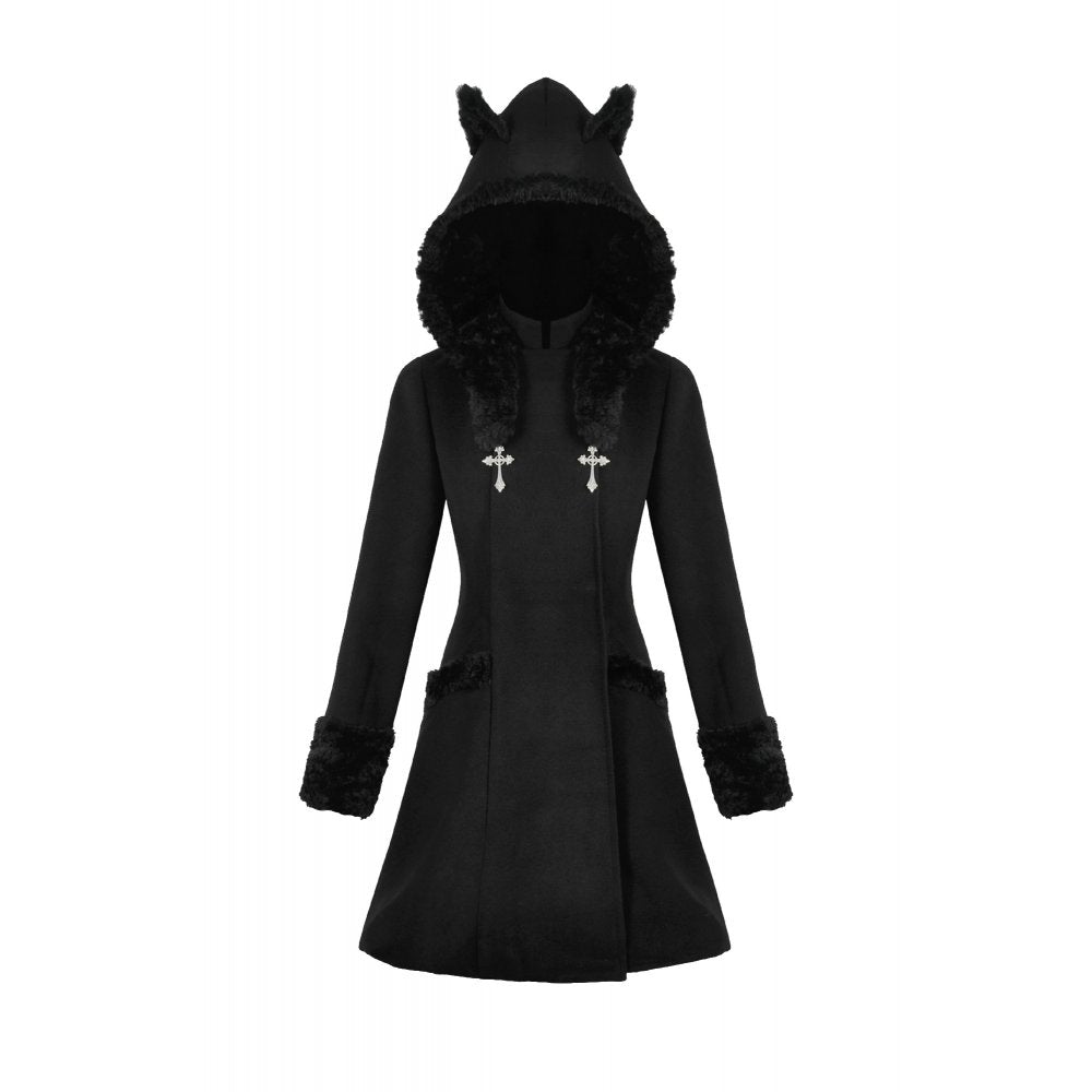 Manteau gothique Dark in Love avec oreilles de chat en fausse fourrure