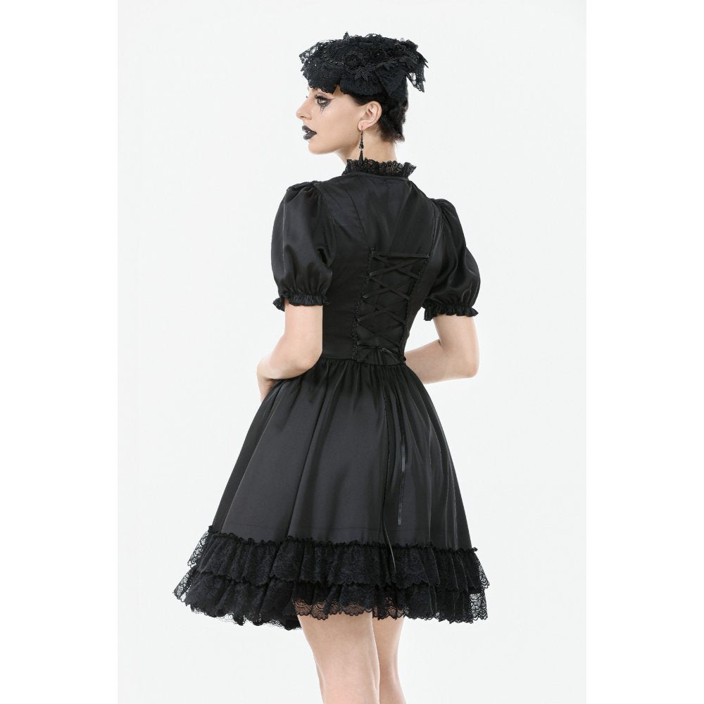 Robe Gothique Noire Dark in Love Belladonna à Manches Bouffantes et Col Montant Lacé