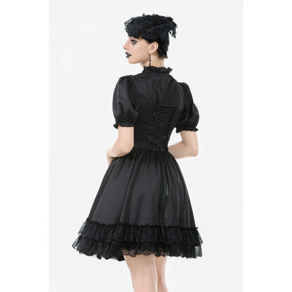 Robe Gothique Noire Dark in Love Belladonna à Manches Bouffantes et Col Montant Lacé