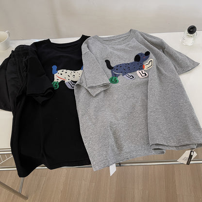 Heavy-duty 3D Embroidered Puppy Crewneck Short-sleeve Womens Top