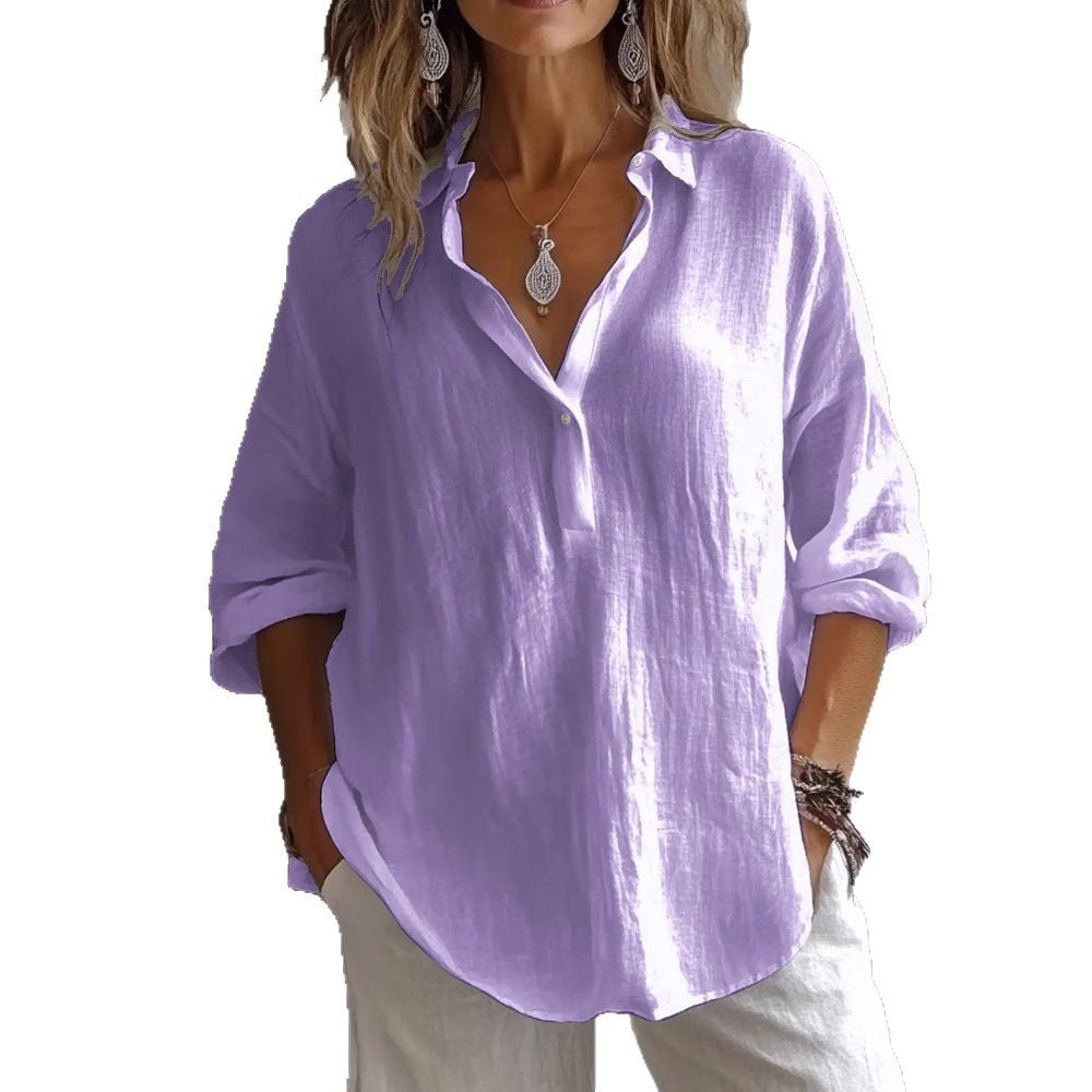 Womens Long-sleeved Lapel Pullover Shirt