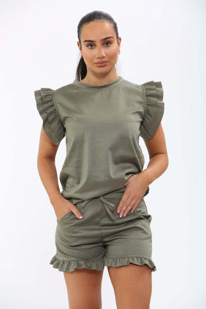 Ensemble Haut à Manches Volants Peplum & Short pour Femme – Tenue de Survêtement Décontractée 2 Pièces