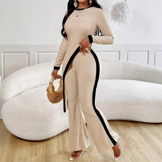 Ensemble de salon deux pièces top et pantalon fendus à manches longues pour femme