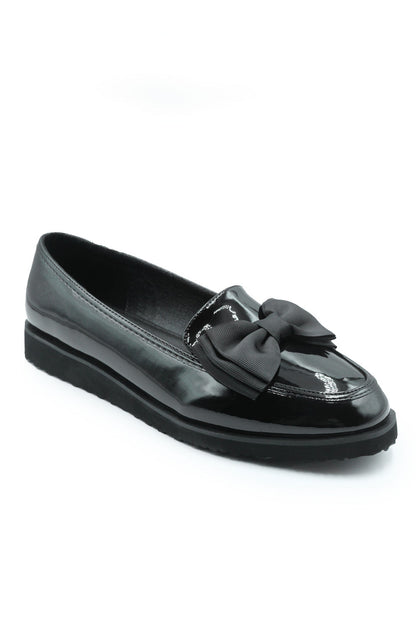 Alpha Girl's School Flat Bow Loafers In Black Patent