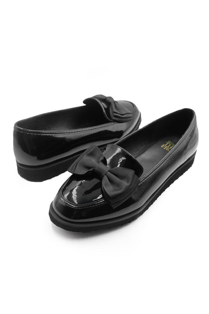 Alpha Girl's School Flat Bow Loafers In Black Patent