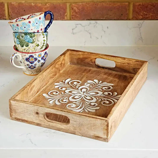 Floral Carved Natural Mango Wood Tea Tray