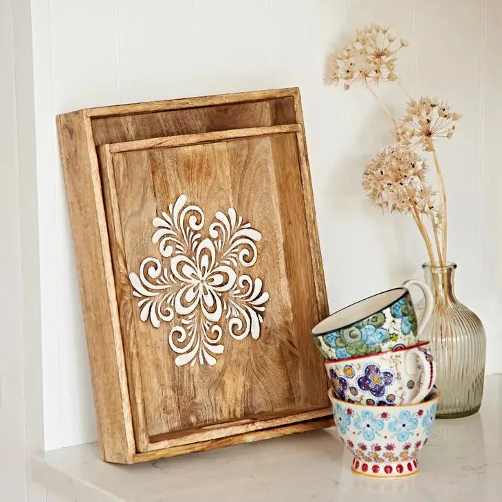 Floral Carved Natural Mango Wood Tea Tray