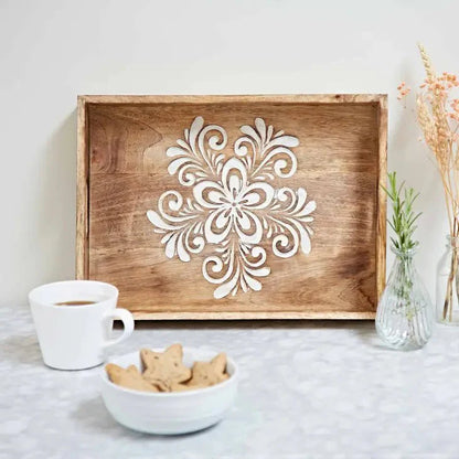 Floral Carved Natural Mango Wood Tea Tray