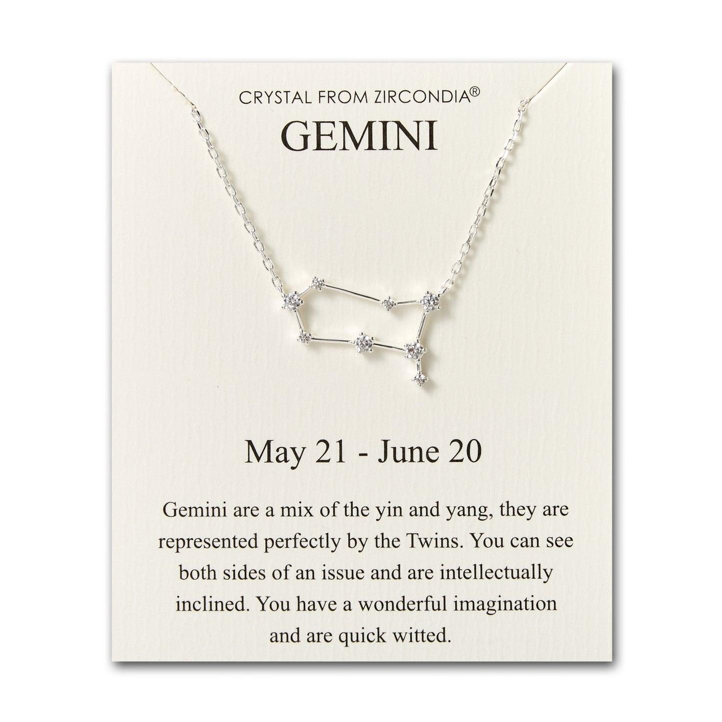 Gemini Star Sign Zodiac Constellation Necklace and Quote Card with Zircondia® Crystals