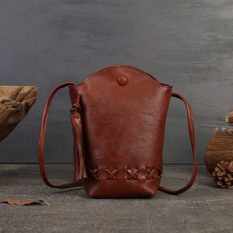 Genuine Leather Retro First-Layer Cowhide Woven Mobile Phone Bag Mini Crossbody Shoulder bag with tassel