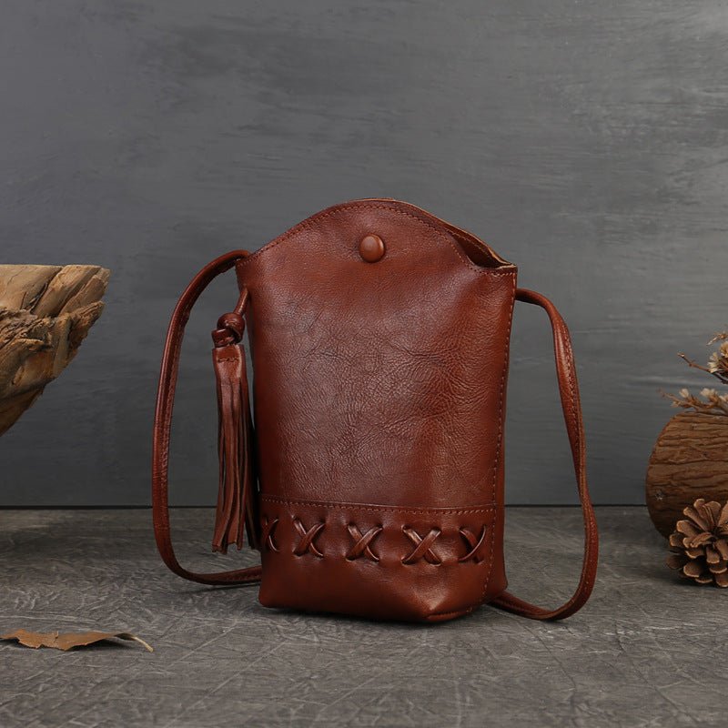 Genuine Leather Retro First-Layer Cowhide Woven Mobile Phone Bag Mini Crossbody Shoulder bag with tassel