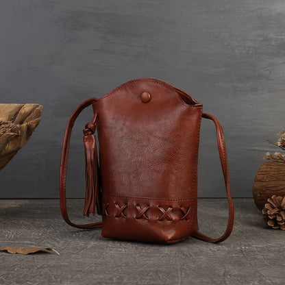 Genuine Leather Retro First-Layer Cowhide Woven Mobile Phone Bag Mini Crossbody Shoulder bag with tassel