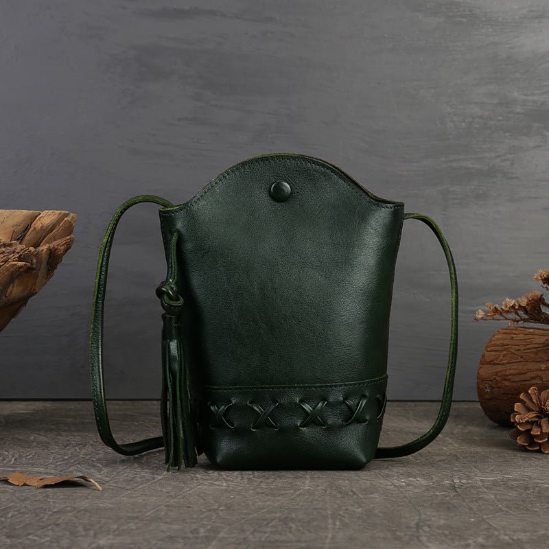 Genuine Leather Retro First-Layer Cowhide Woven Mobile Phone Bag Mini Crossbody Shoulder bag with tassel